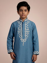 Blue silk embroidered kurta suit for boys with refined festive appeal
