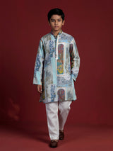 Sky blue cotton linen kurta suit for boys for festive celebrations