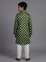 Mehendi green silk kurta suit for boys with zari printed charm