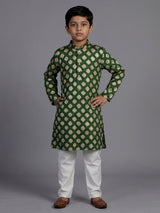 Mehendi green silk kurta suit for boys with zari printed charm
