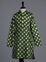 Mehendi green silk kurta suit for boys with zari printed charm