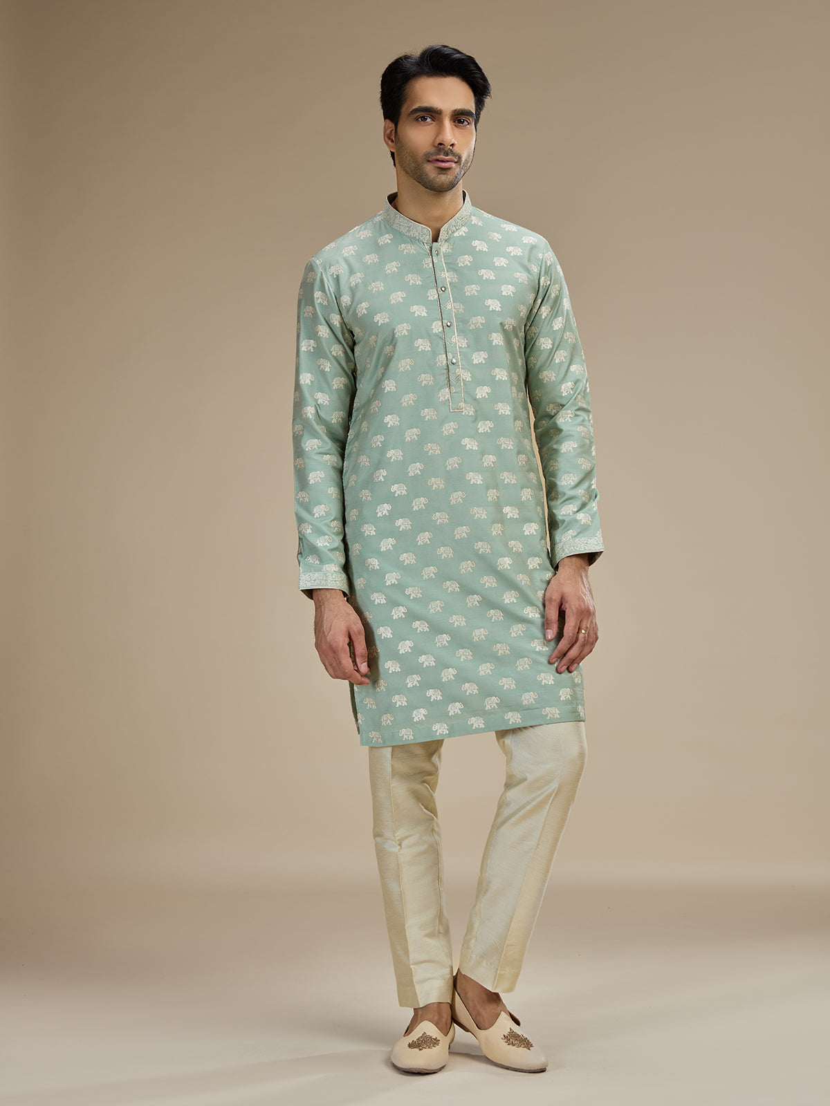 Mint green men royal elephant brocade kurta pajama