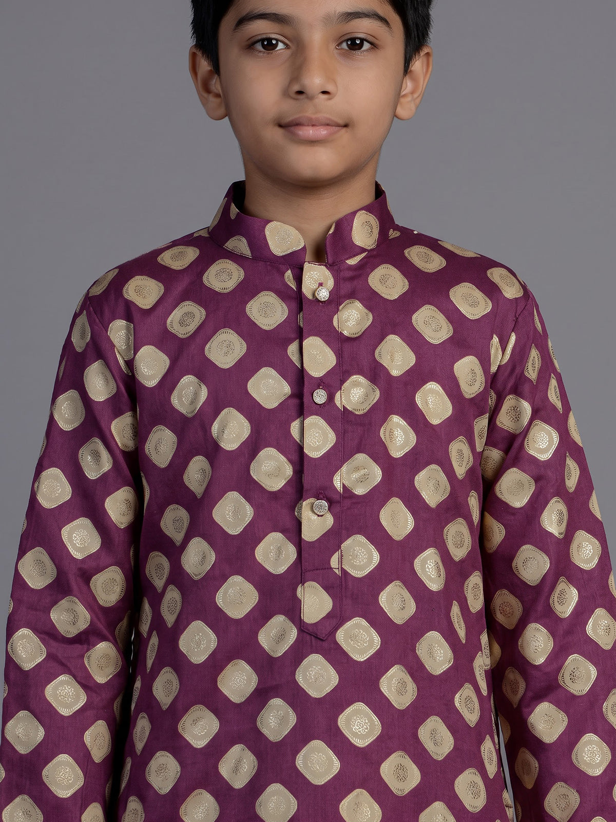 Purple silk kurta suit for boys with zari printed festive elegance