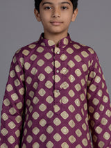 Purple silk kurta suit for boys with zari printed festive elegance