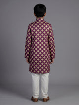 Purple silk kurta suit for boys with zari printed festive elegance