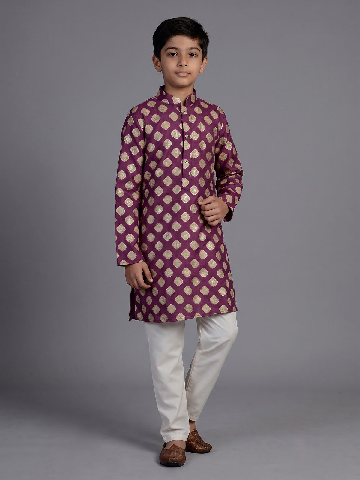 Purple silk kurta suit for boys with zari printed festive elegance