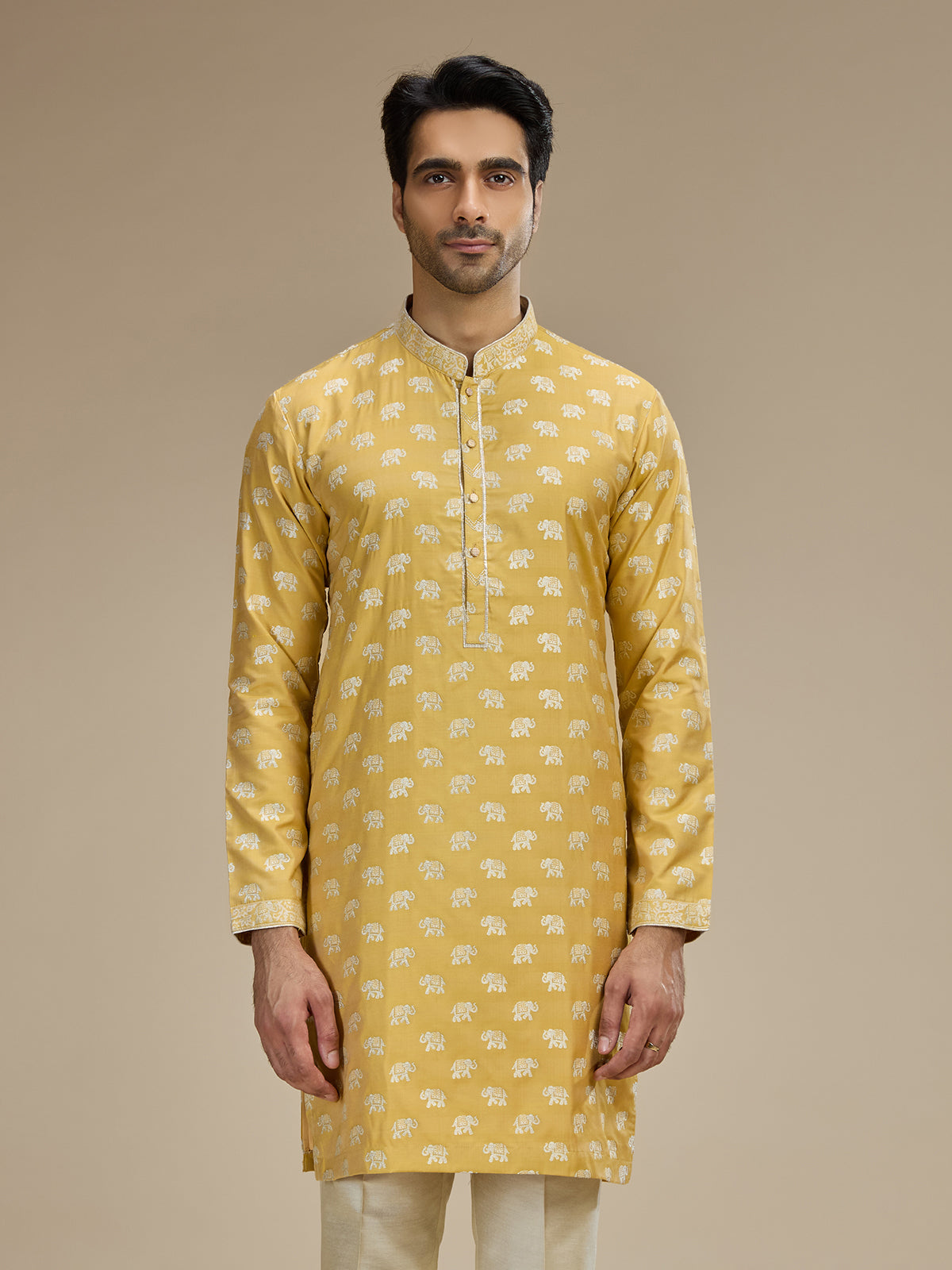 Yellow mens regal elephant banarasi kurta suit