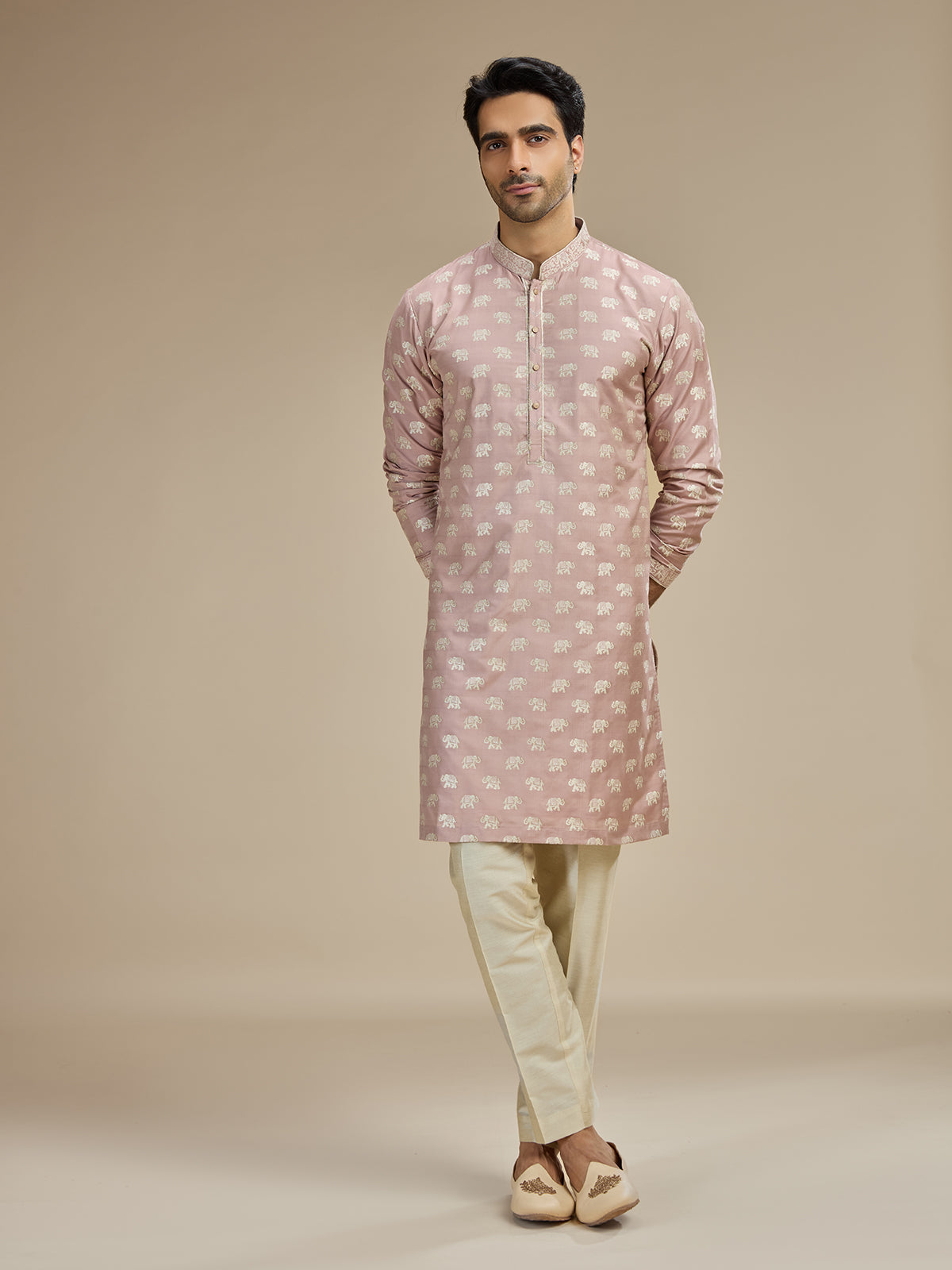 Dusty pink mens royal elephant banarasi kurta pajama