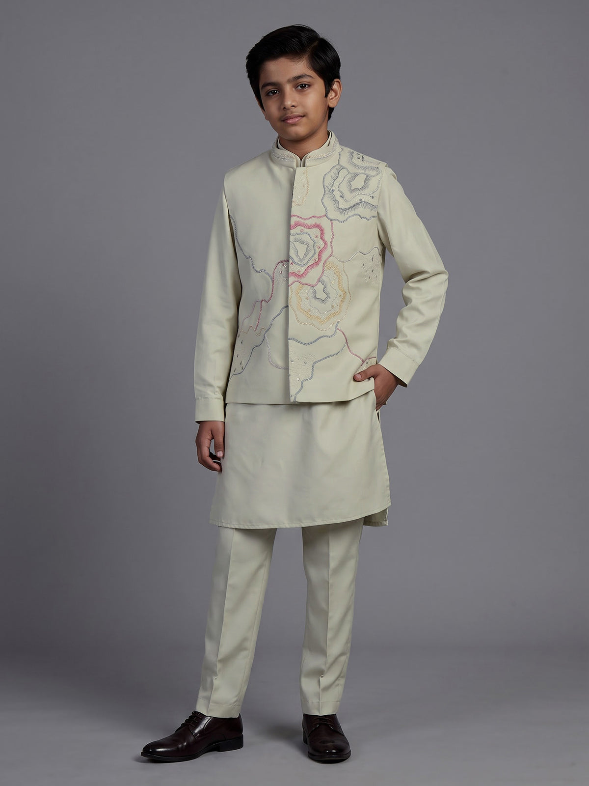 Pista green silk blend waistcoat set for boys with sequined elegance