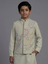 Pista green silk blend waistcoat set for boys with sequined elegance