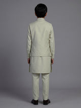 Pista green silk blend waistcoat set for boys with sequined elegance
