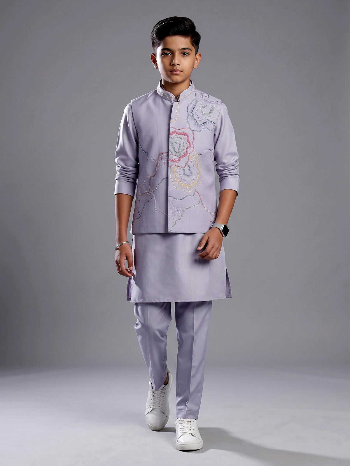 Lavender purple silk blend waistcoat set for boys with festive detailing