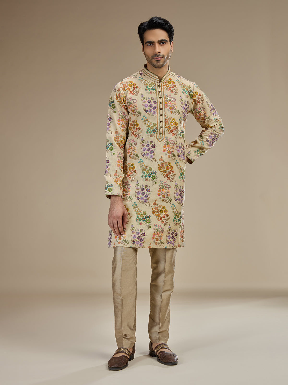 Beige gold mens parsi gara tussar kurta suit