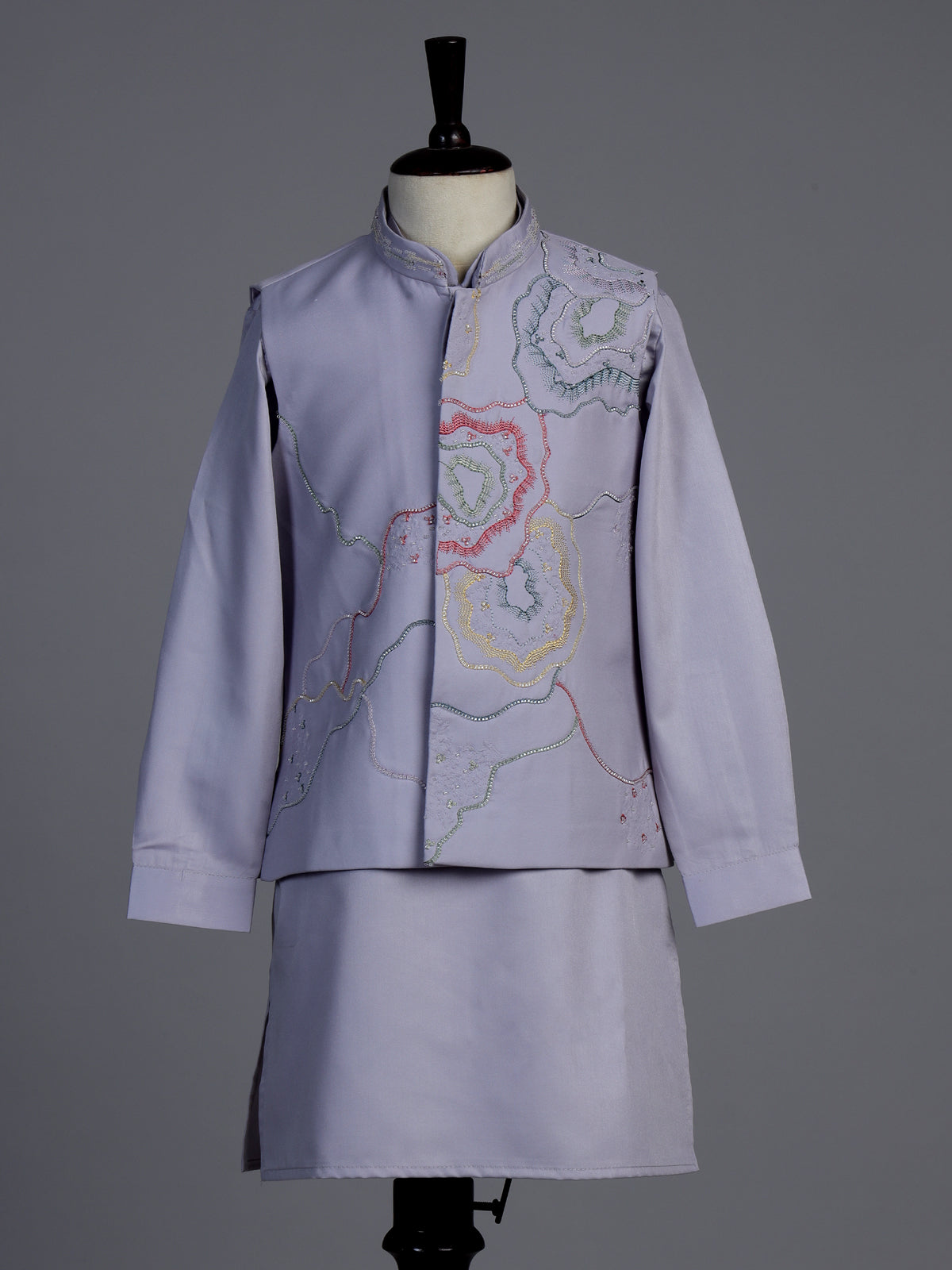 Lavender purple silk blend waistcoat set for boys with festive detailing