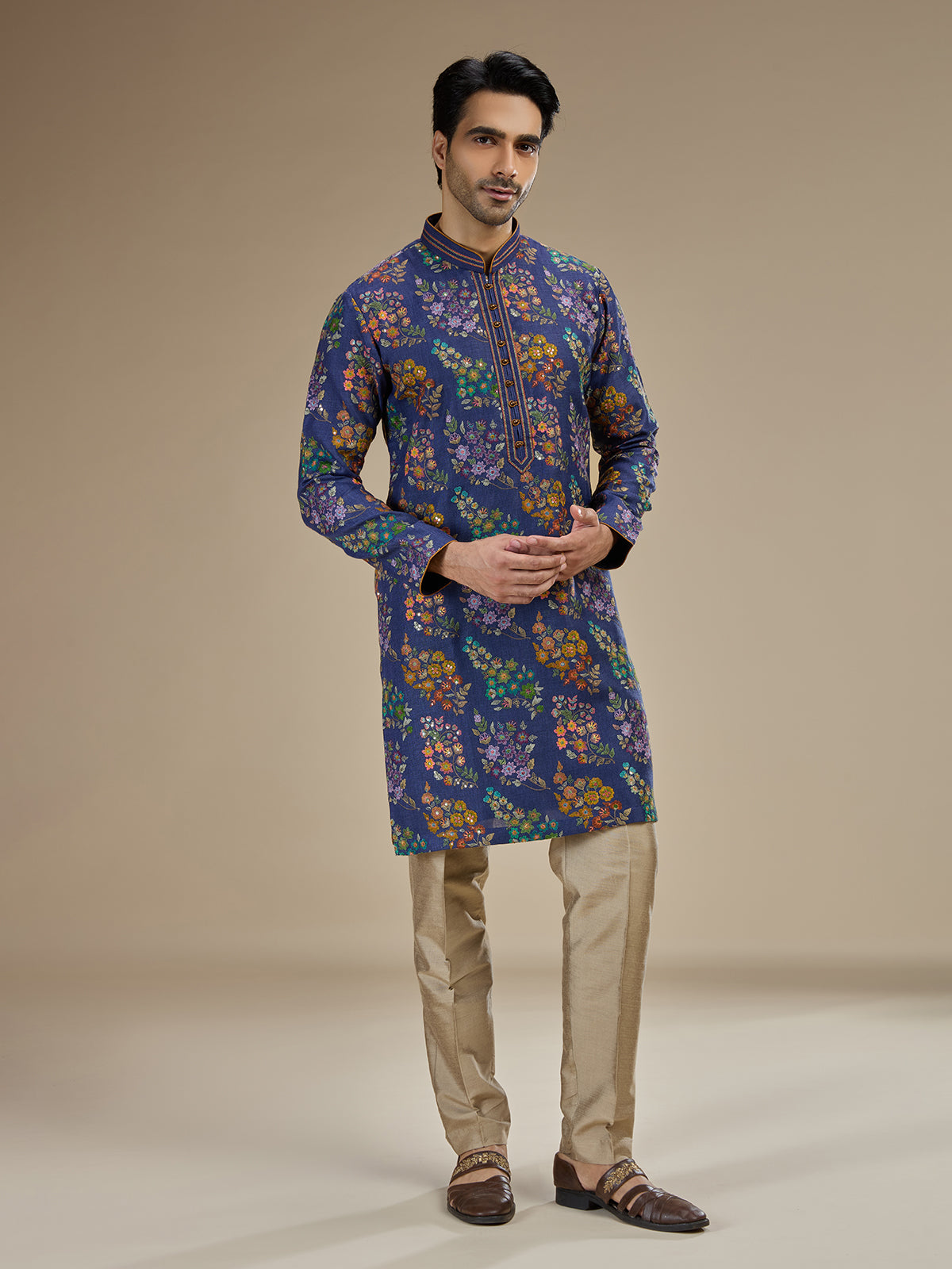 Royal blue mens embroidered tussar silk kurta pajama
