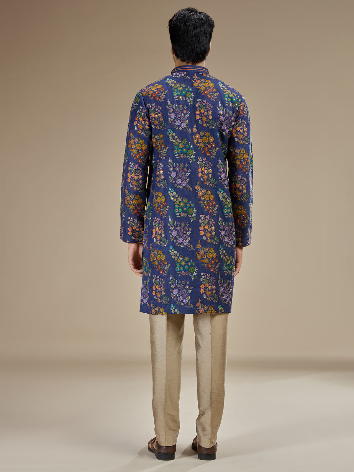 Royal blue mens embroidered tussar silk kurta pajama