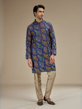 Royal blue mens embroidered tussar silk kurta pajama