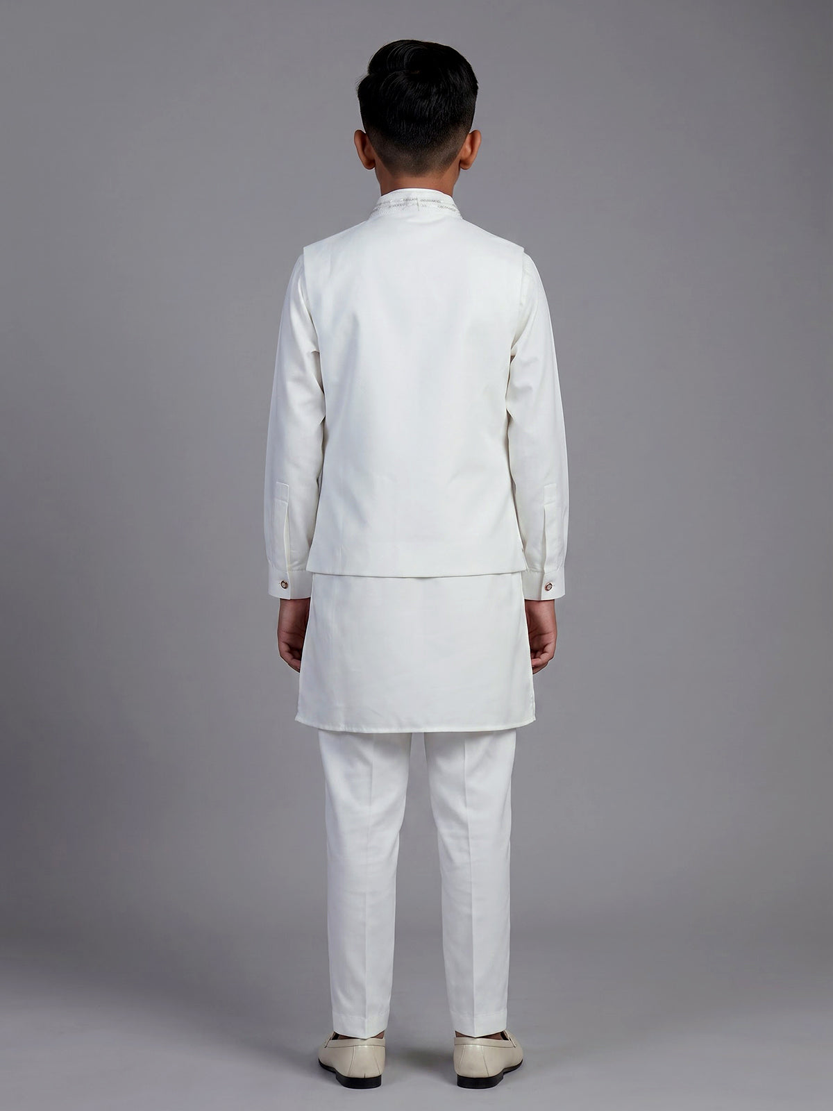White silk blend waistcoat set for boys with elegant festive embellishments