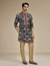 Charcoal black mens bandhani kutch embroidered kurta suit