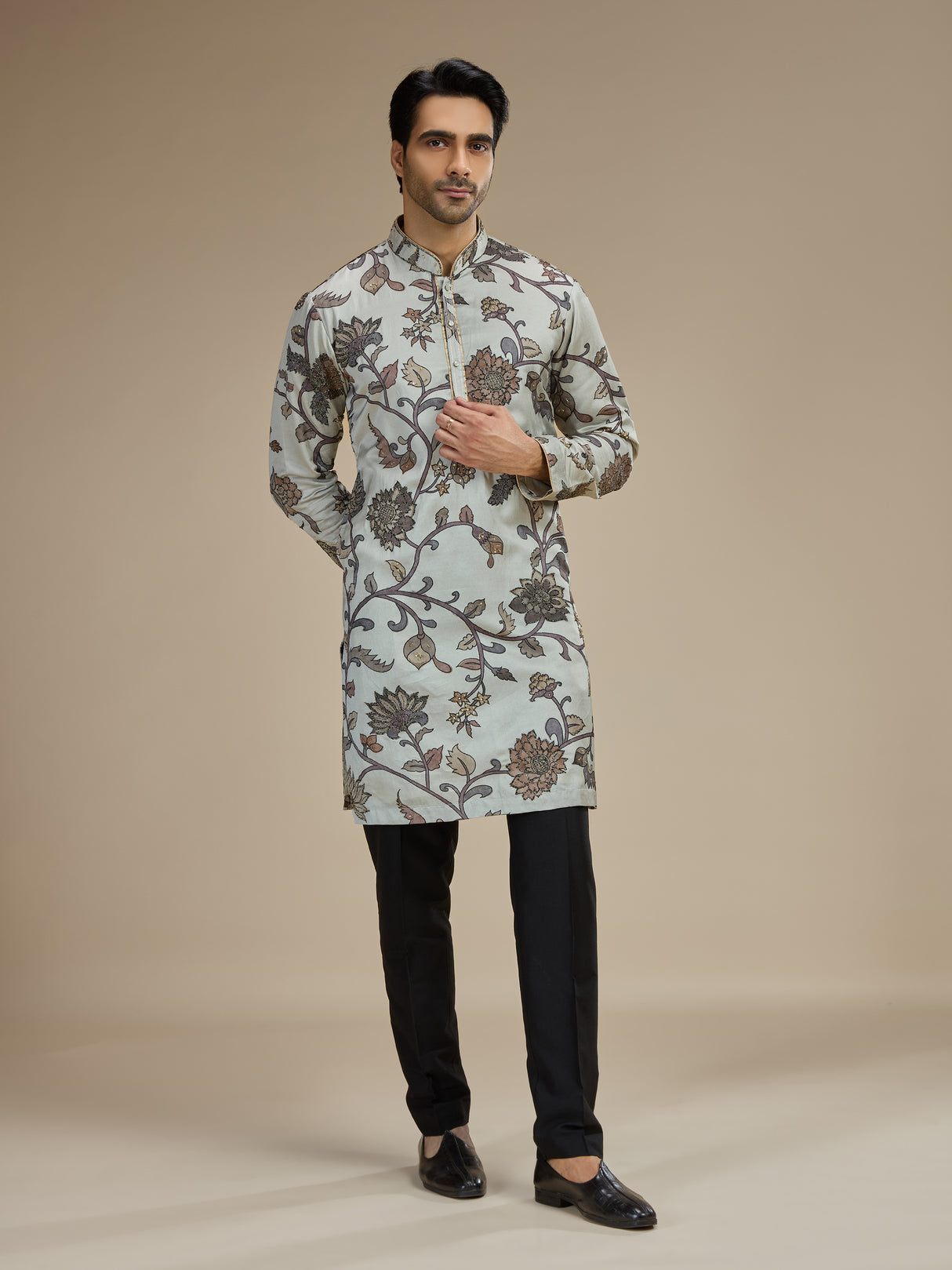 Grey mens botanical tapestry embroidered kurta pajama