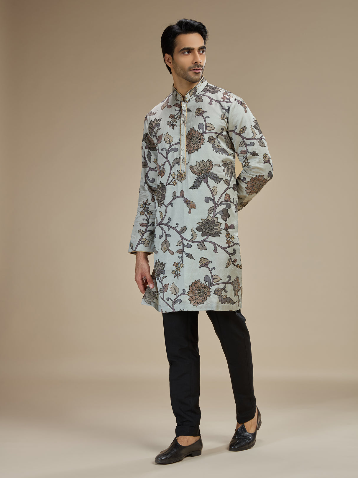Grey mens botanical tapestry embroidered kurta pajama