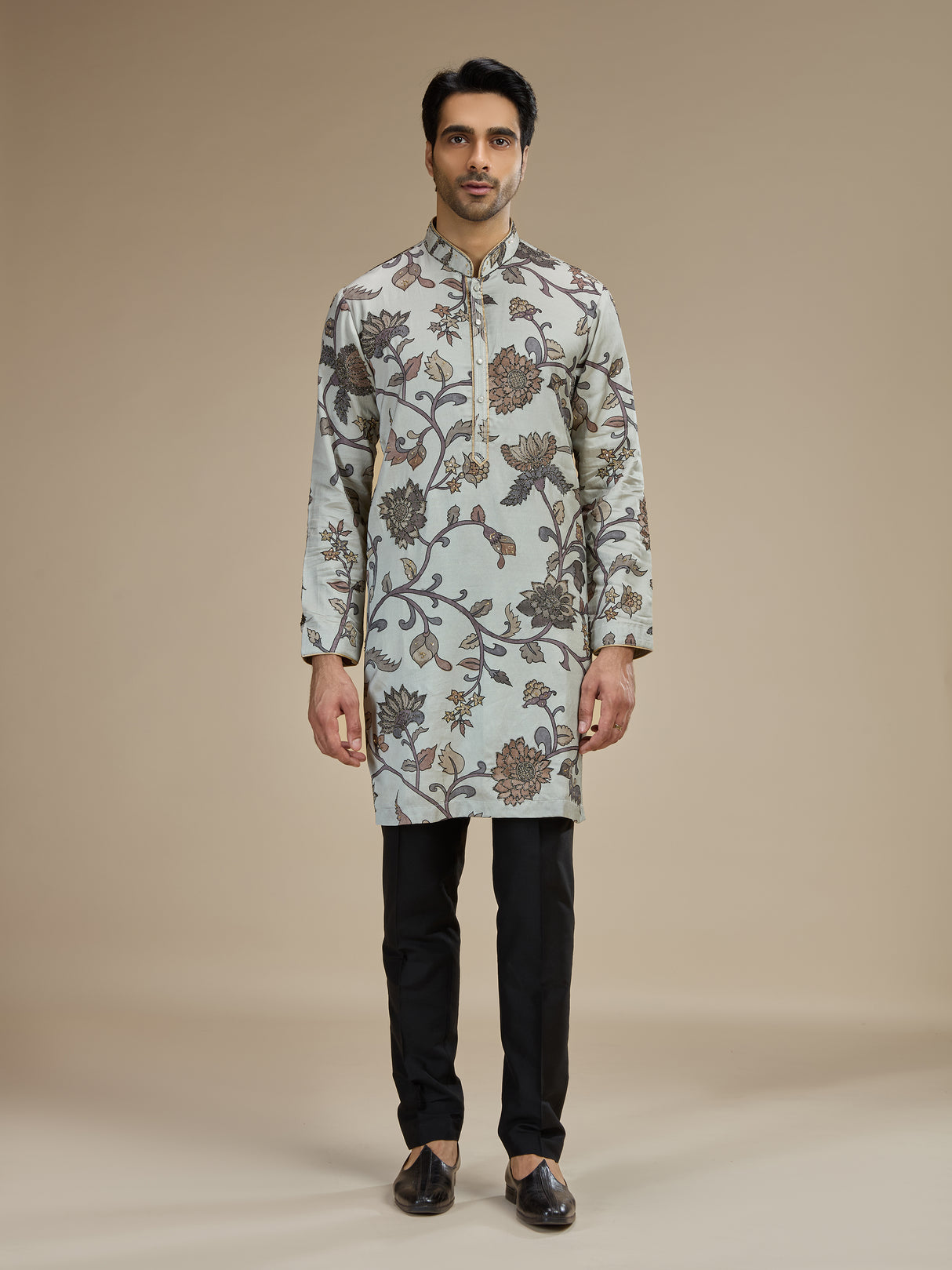 Grey mens botanical tapestry embroidered kurta pajama
