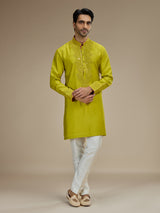 Lime green mens embellished resham silk kurta suit