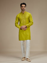 Lime green mens embellished resham silk kurta suit
