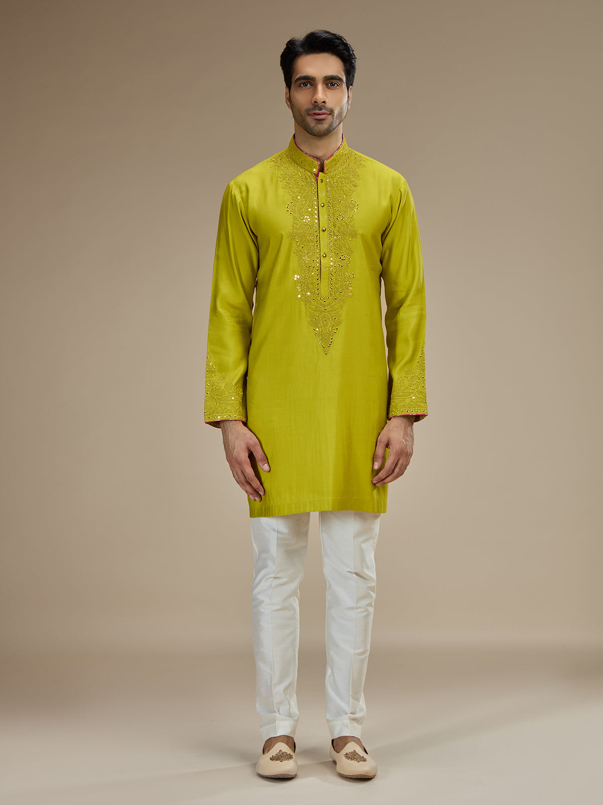 Lime green mens embellished resham silk kurta suit