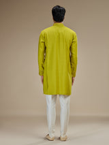 Lime green mens embellished resham silk kurta suit