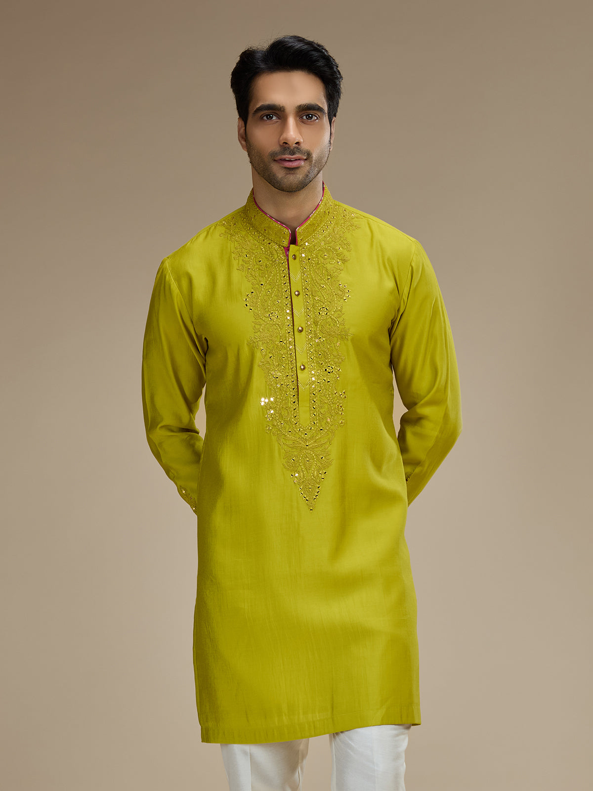 Lime green mens embellished resham silk kurta suit