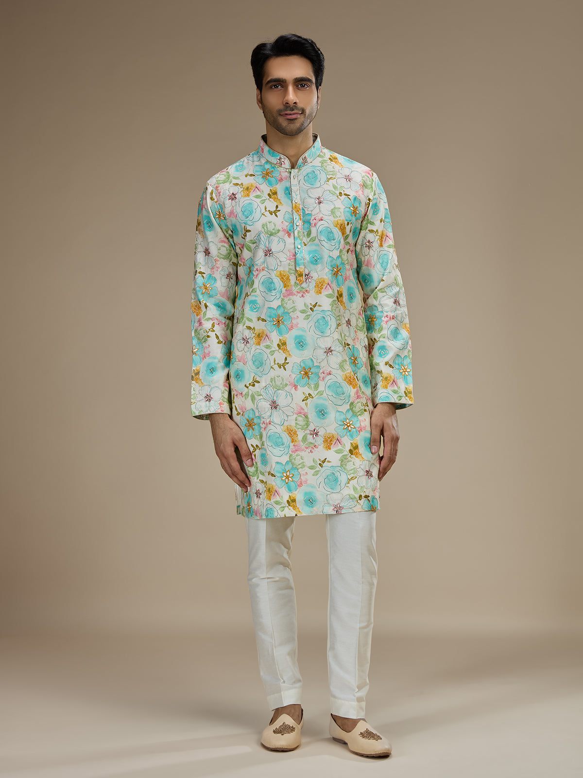 Multi color mens watercolor floral cotton silk kurta pajama
