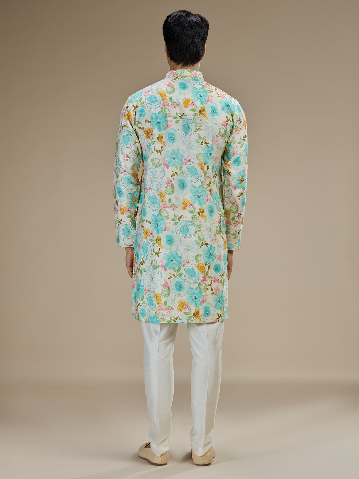 Multi color mens watercolor floral cotton silk kurta pajama