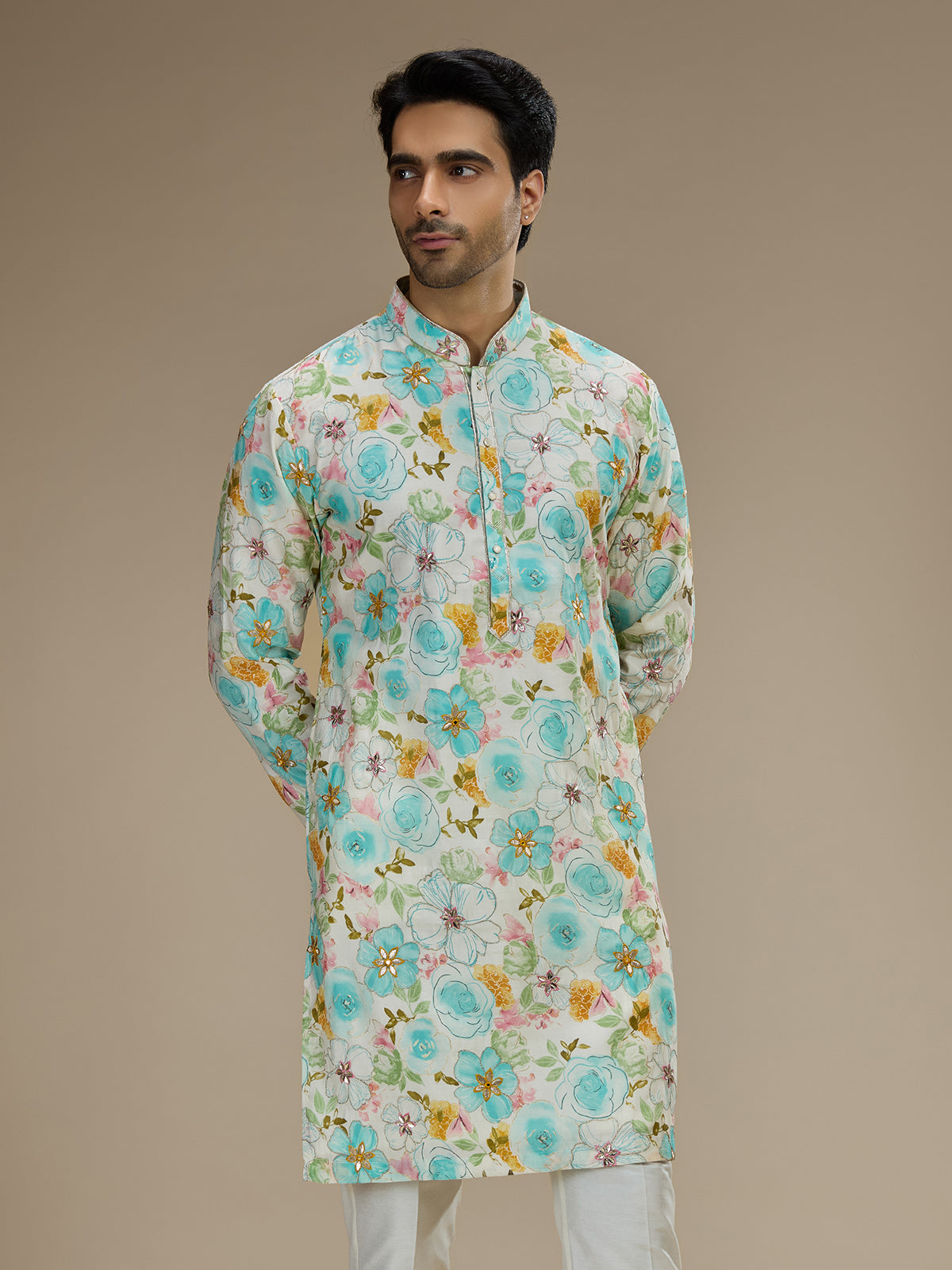 Multi color mens watercolor floral cotton silk kurta pajama