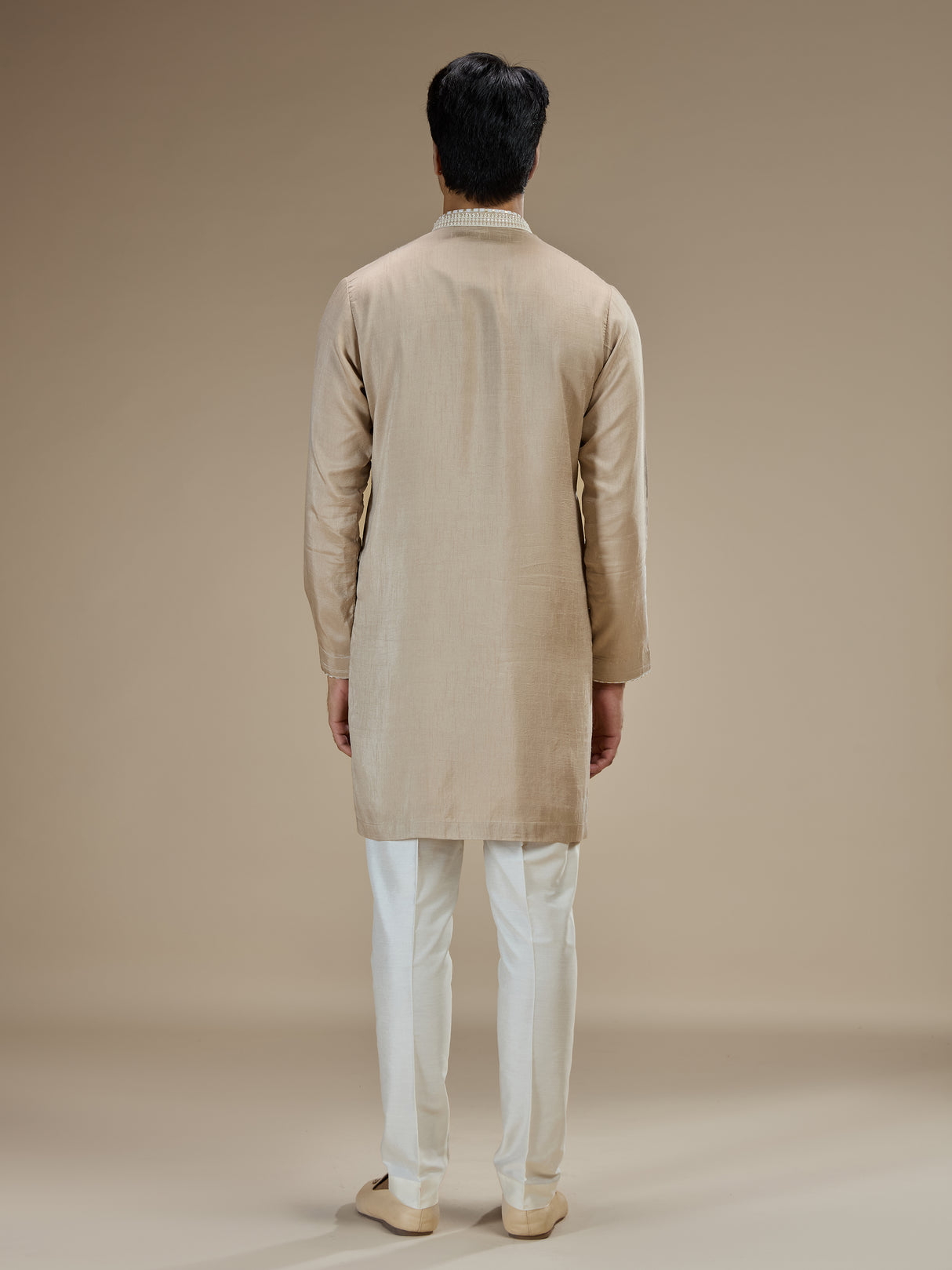 Beige mens paisley embroidered tussar kurta suit