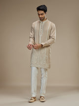 Beige mens paisley embroidered tussar kurta suit