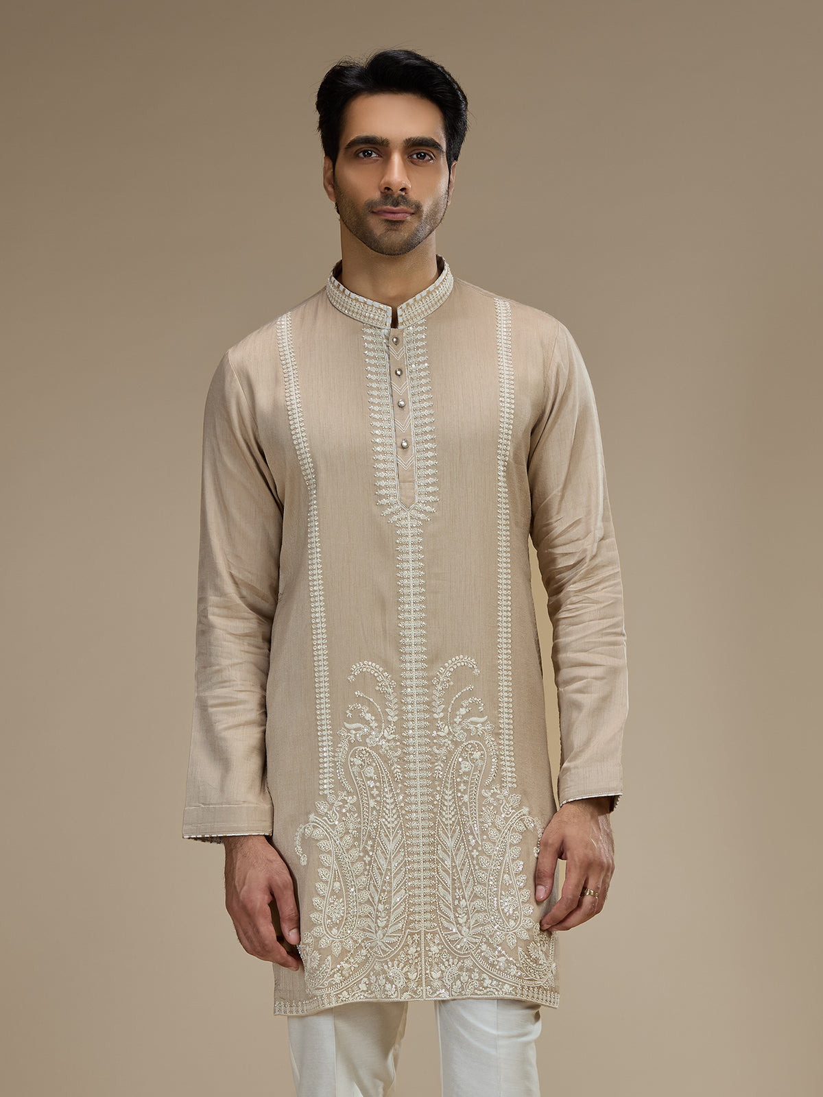 Beige mens paisley embroidered tussar kurta suit