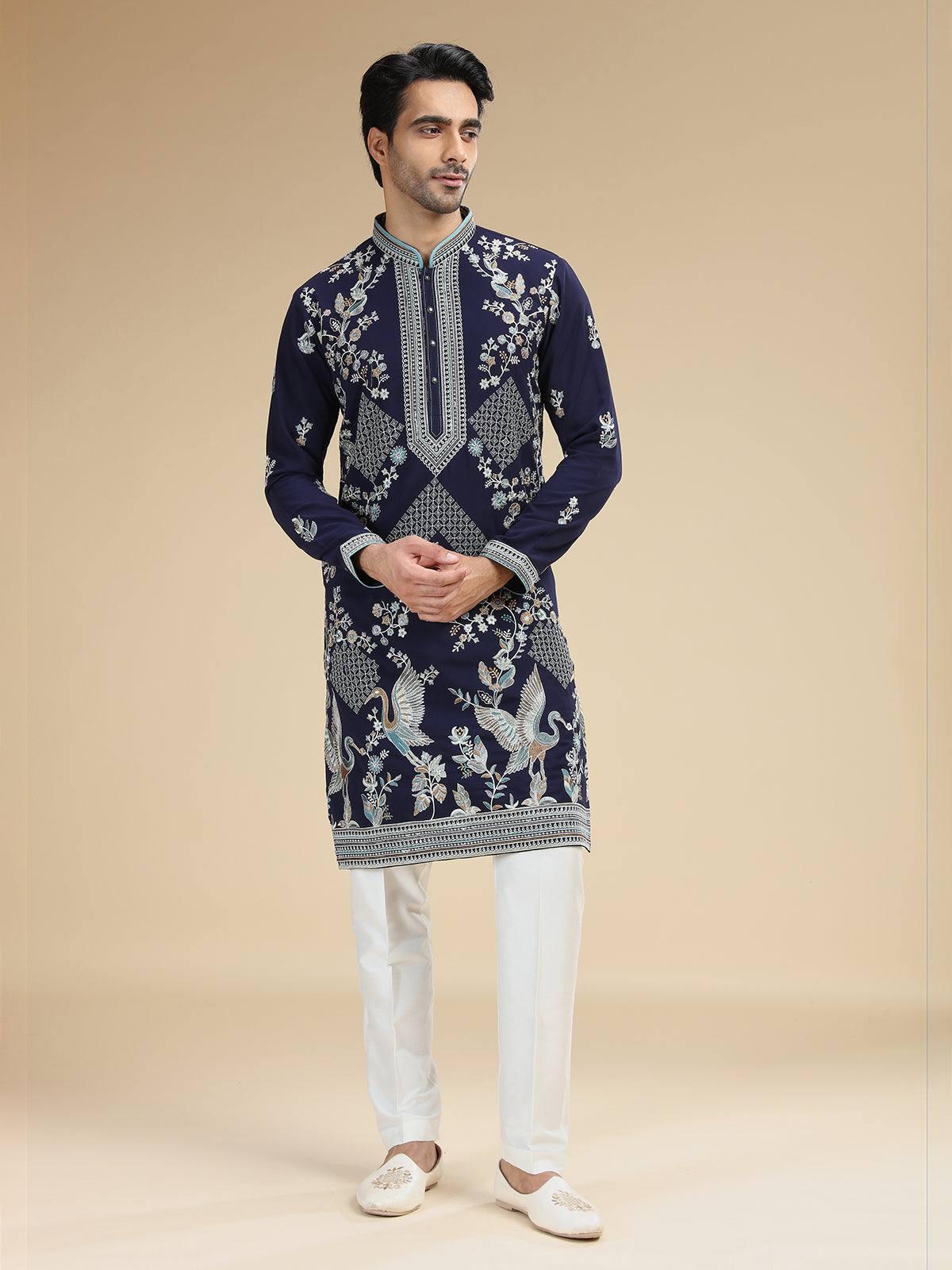 Navy blue mens crane embroidered silk kurta pajama