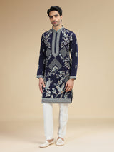 Navy blue mens crane embroidered silk kurta pajama