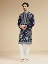 Navy blue mens crane embroidered silk kurta pajama