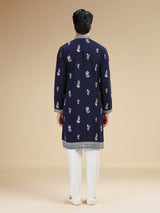 Navy blue mens crane embroidered silk kurta pajama