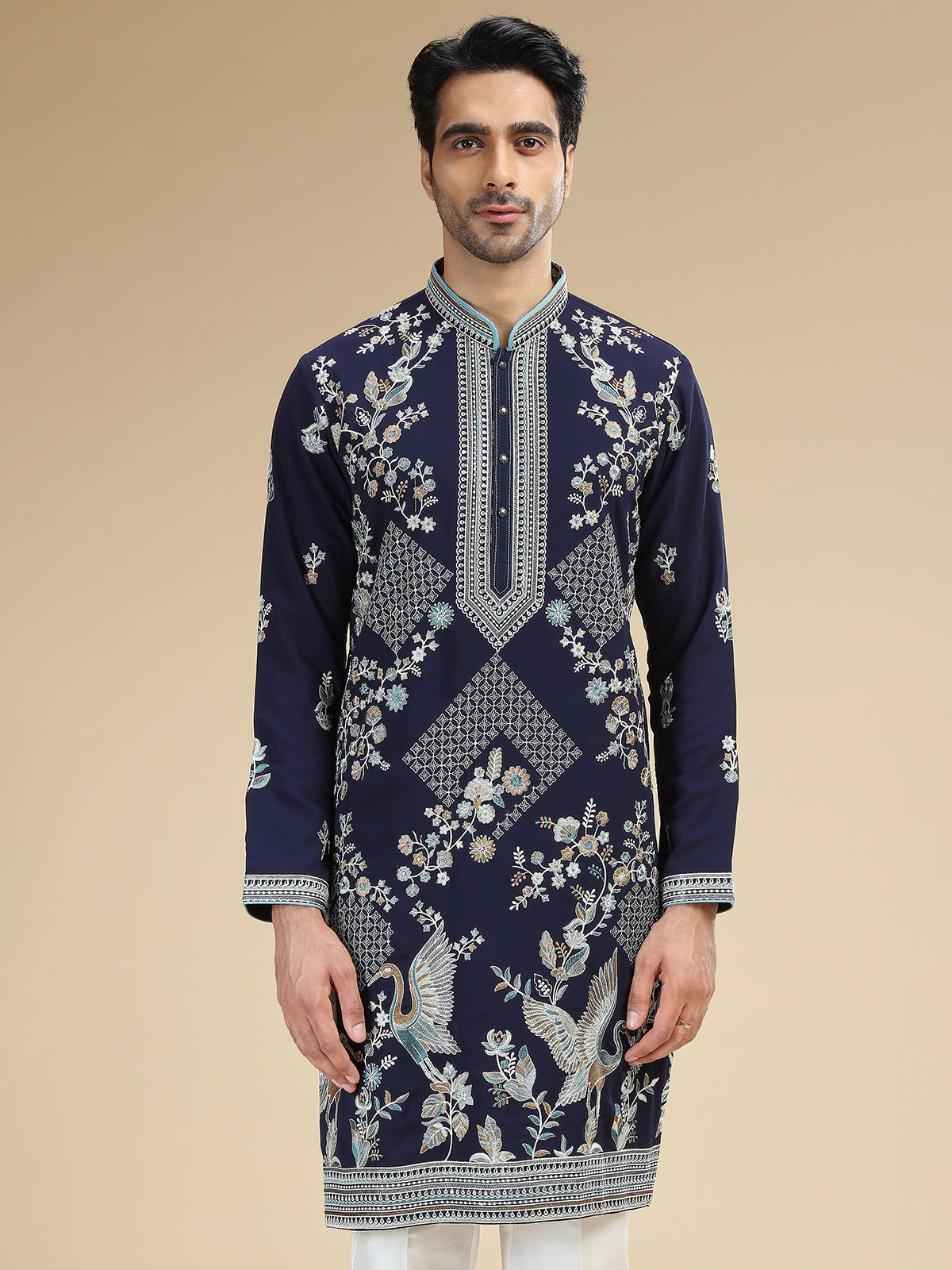 Navy blue mens crane embroidered silk kurta pajama