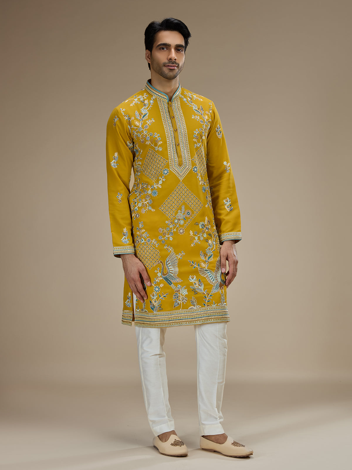 Yellow mens crane motif embroidered silk kurta suit