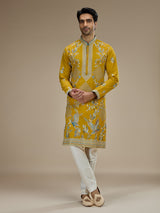 Yellow mens crane motif embroidered silk kurta suit