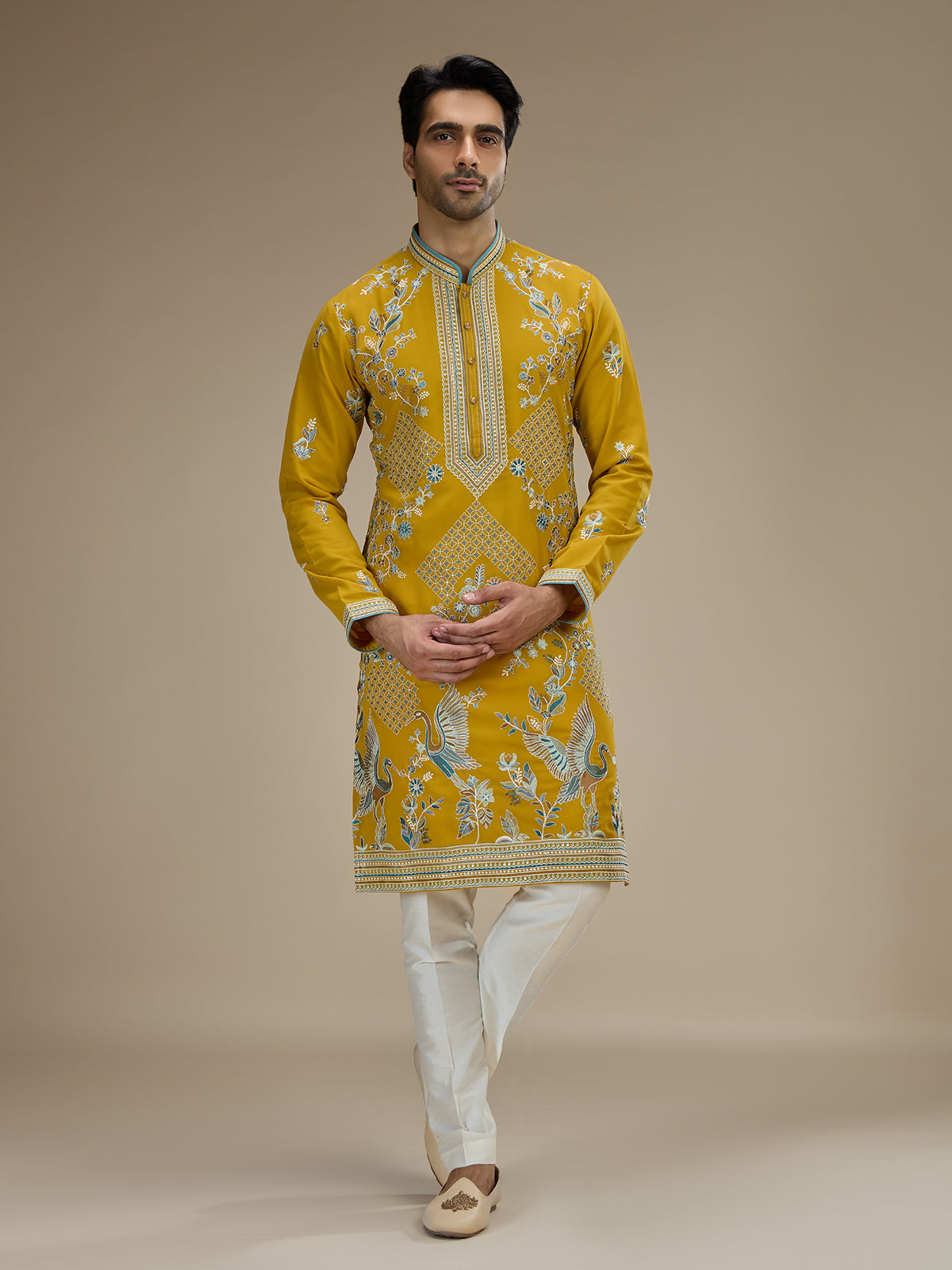 Yellow mens crane motif embroidered silk kurta suit