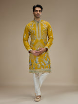 Yellow mens crane motif embroidered silk kurta suit