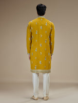 Yellow mens crane motif embroidered silk kurta suit