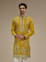 Yellow mens crane motif embroidered silk kurta suit