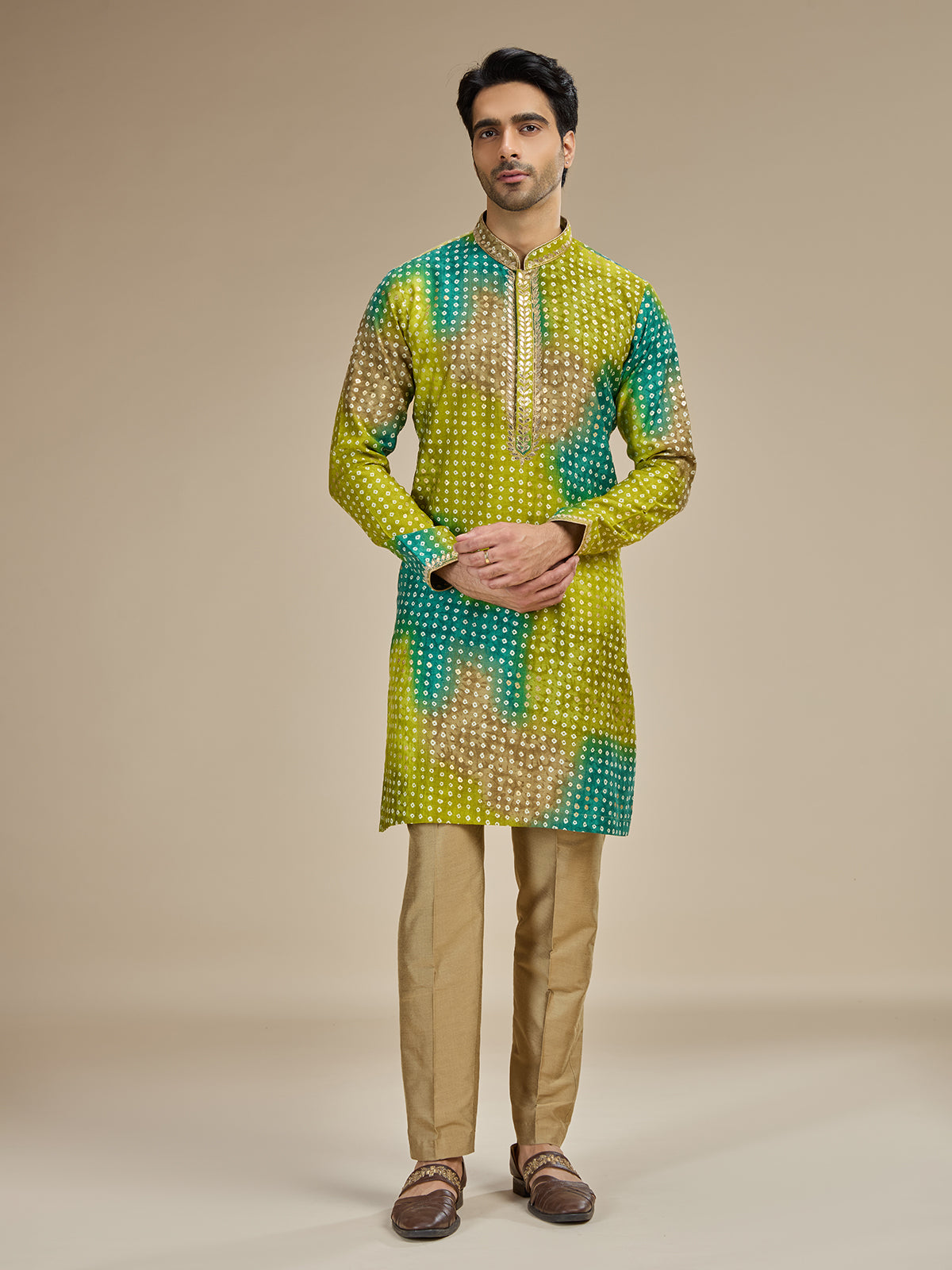 Green mens bandhani zari georgette silk kurta pajama