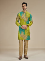 Green mens bandhani zari georgette silk kurta pajama